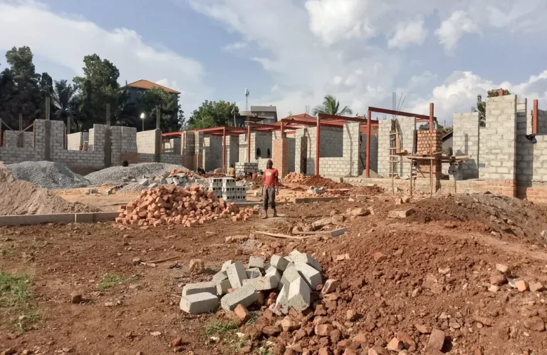 Walls and roof structure going up on a residential plot