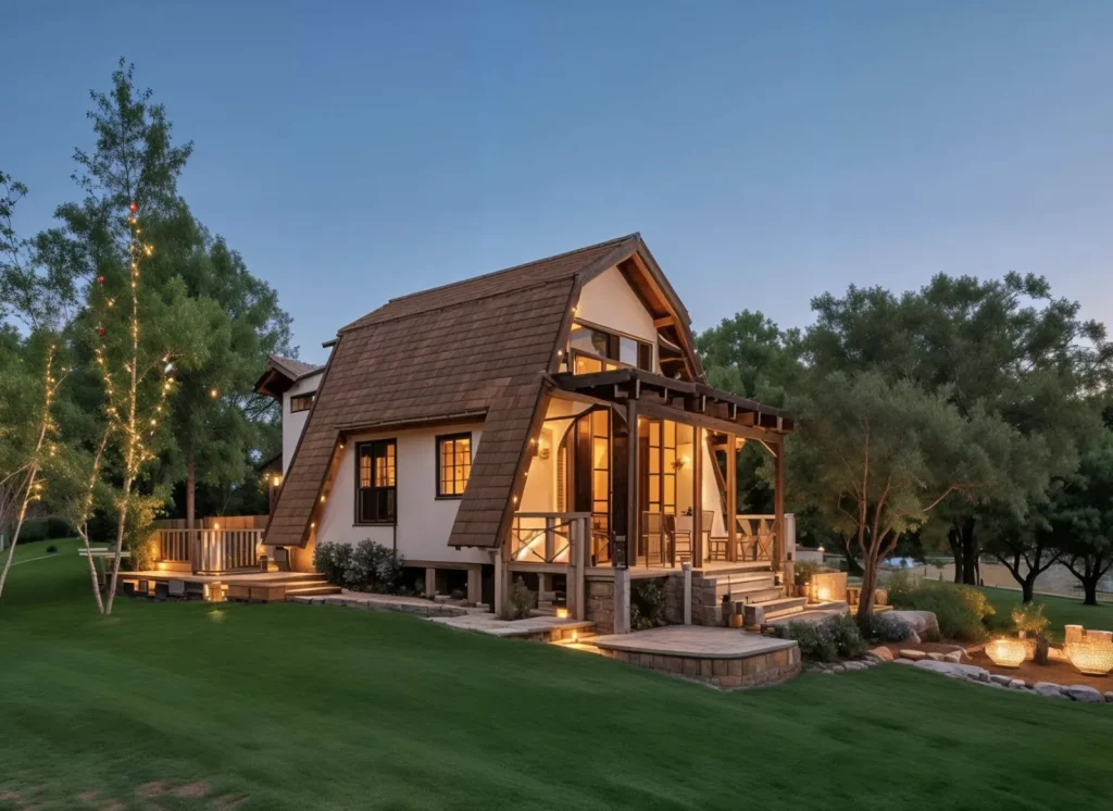 Design visualisation of an A-frame cabin with a timber deck at dusk
